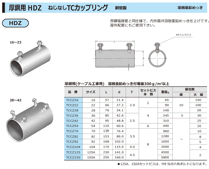 厚鋼用HDZねじなしTCカップリング